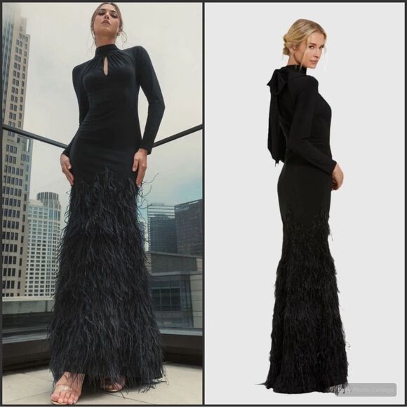 MAC DUGGAL11839 Black Jersey Long Sleeve High Neck Feather Gown